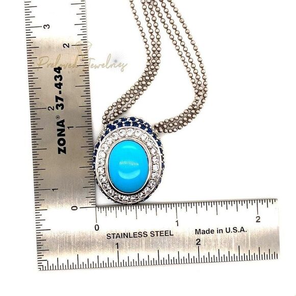 925 Turquoise/Cz/Sapphire Oval Pendant Necklace - Picture 6 of 11